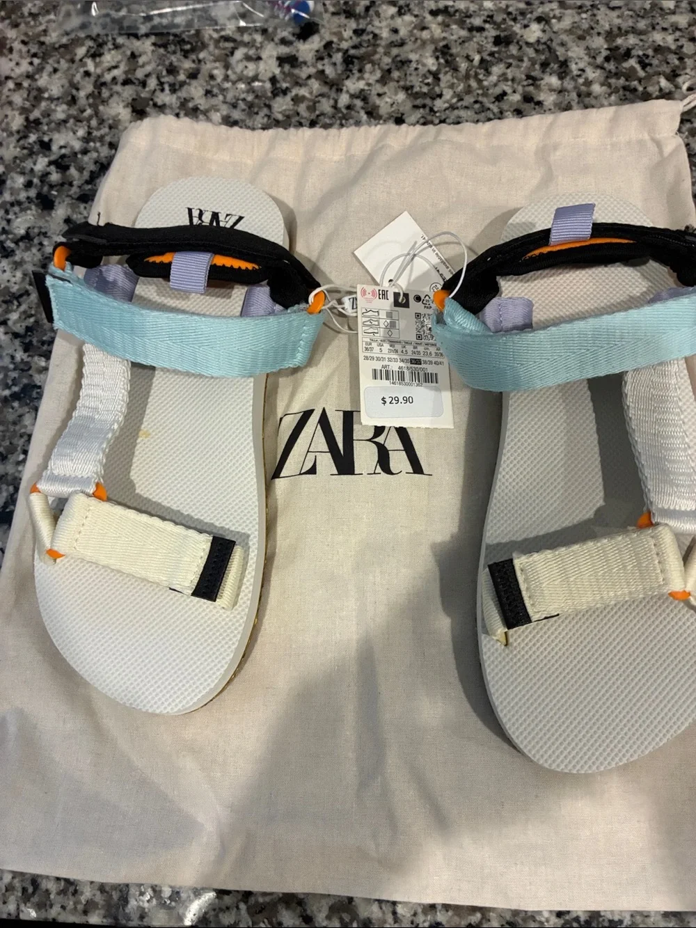 ZARA Light Blue, White & Black Sport Sandals with Orange Accents girl, size 5 nw